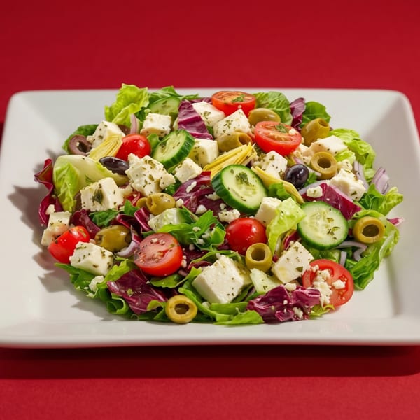 Fresh Greek salad with feta, olives, tomatoes, cucumbers, and artichoke hearts on a white plate.