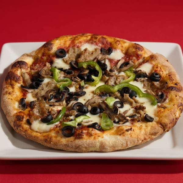 A whole pizza with green peppers, black olives, mushrooms, and sausage on a white plate.