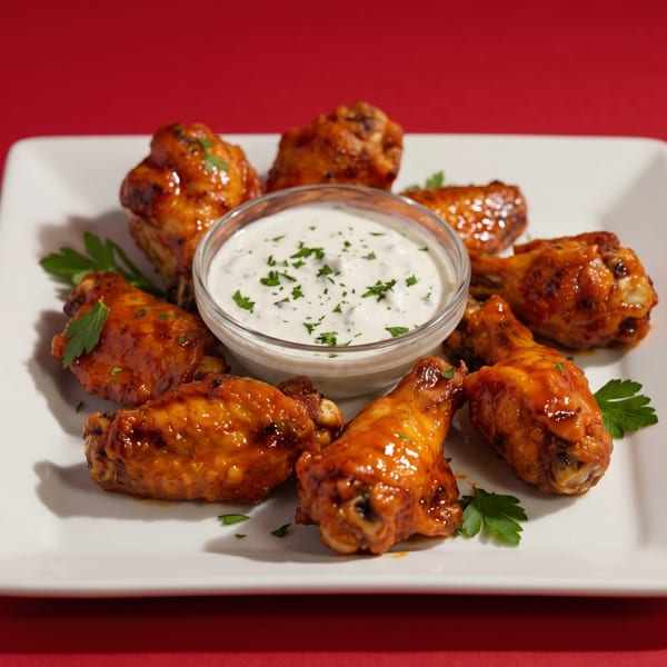 A white rectangular plate of glazed chicken wings with a side of ranch dressing and parsley.