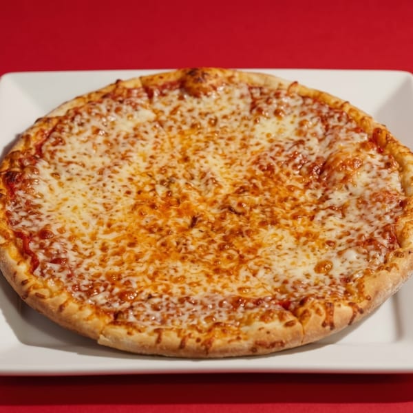 A whole cheese pizza with a golden crust on a white square plate against a red background.