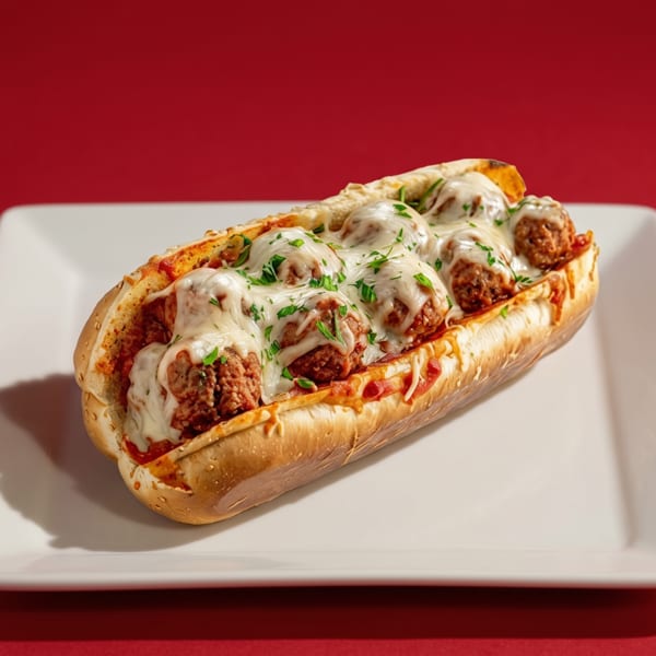 Meatball sub sandwich with melted cheese and parsley on a white rectangular plate against a red background.