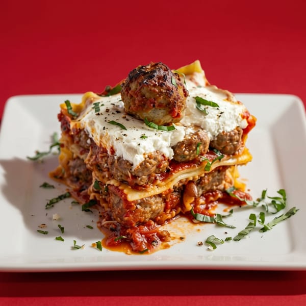 A tall, layered lasagna with meatballs, ricotta cheese, and fresh herbs on a white plate.