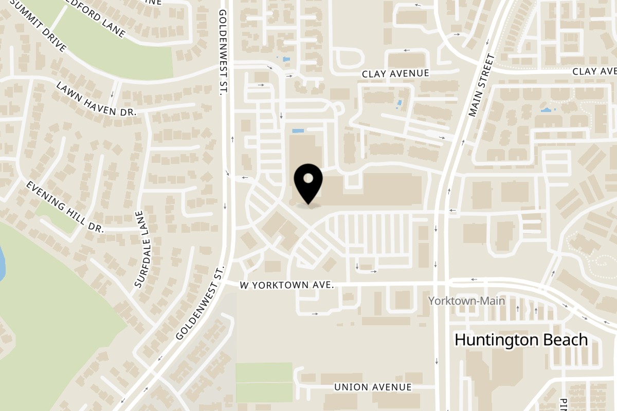 Map showing the location of Burtucci's New York Pizza on 7101 Yorktown Ave Unit 107 in Huntington Beach